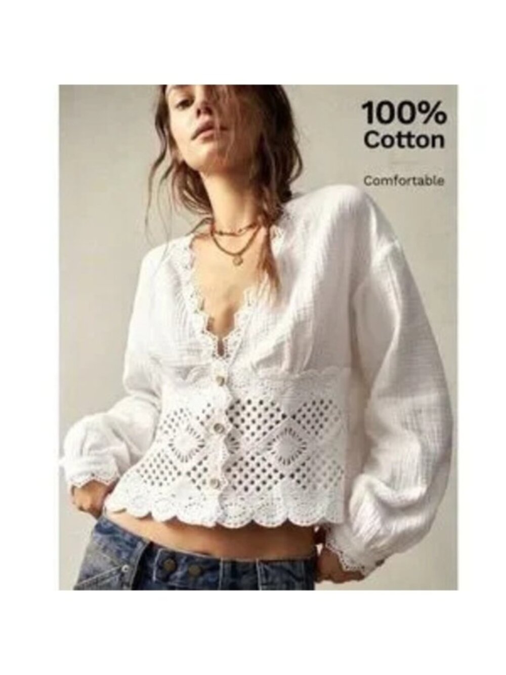 Cotton Bohemian Shirt White Crochet Lace Detailed V-Neck Long Lantern Sleeve